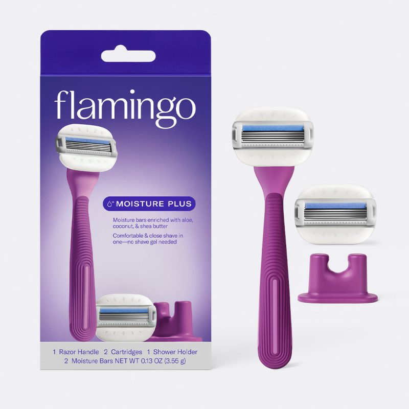 Fig Moisture Plus Razor with shower holder and extra blade cartridge displayed alongside the product's packaging.