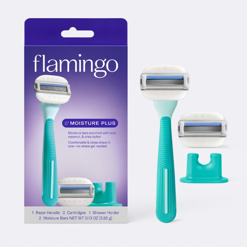 Seafoam Moisture Plus Razor with shower holder and extra blade cartridge displayed alongside the product's packaging.